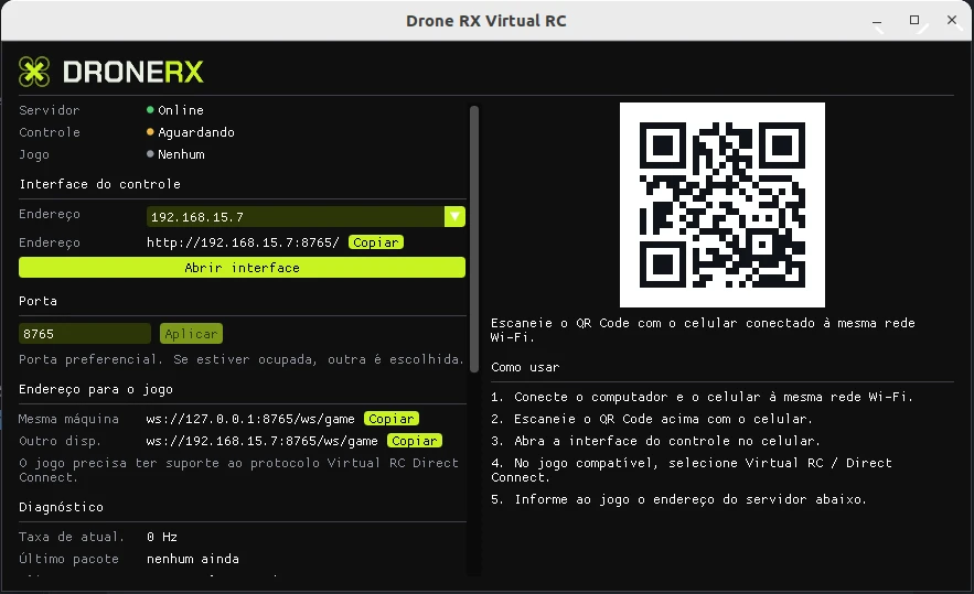 Janela do aplicativo DroneRX Virtual RC com servidor online, QR Code e endereços