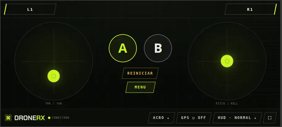 Interface do DroneRX Virtual RC no smartphone: dois sticks e botões de armar, modo e reset